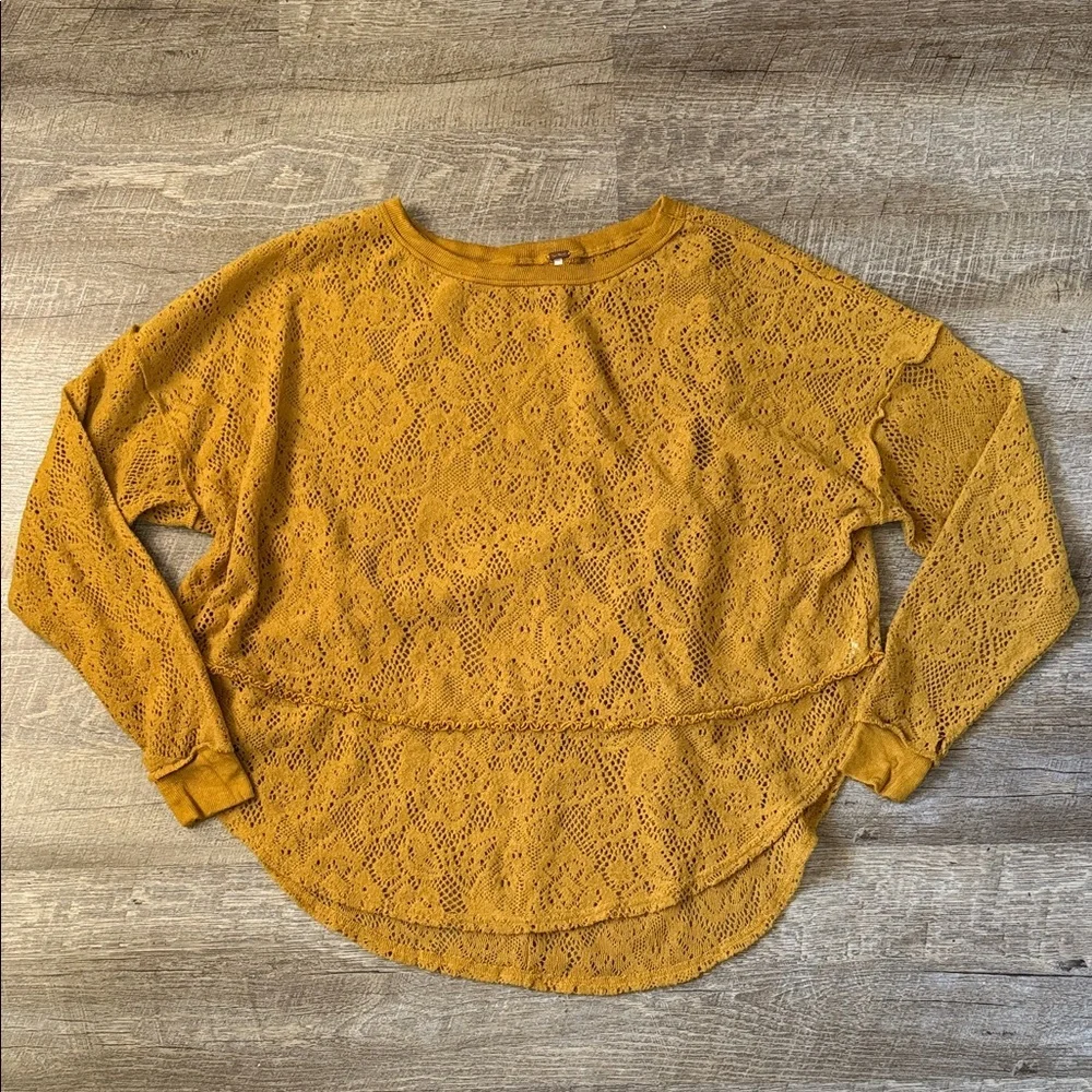 Free People Mustard Floral Lace Long Sleeve Top Size XS